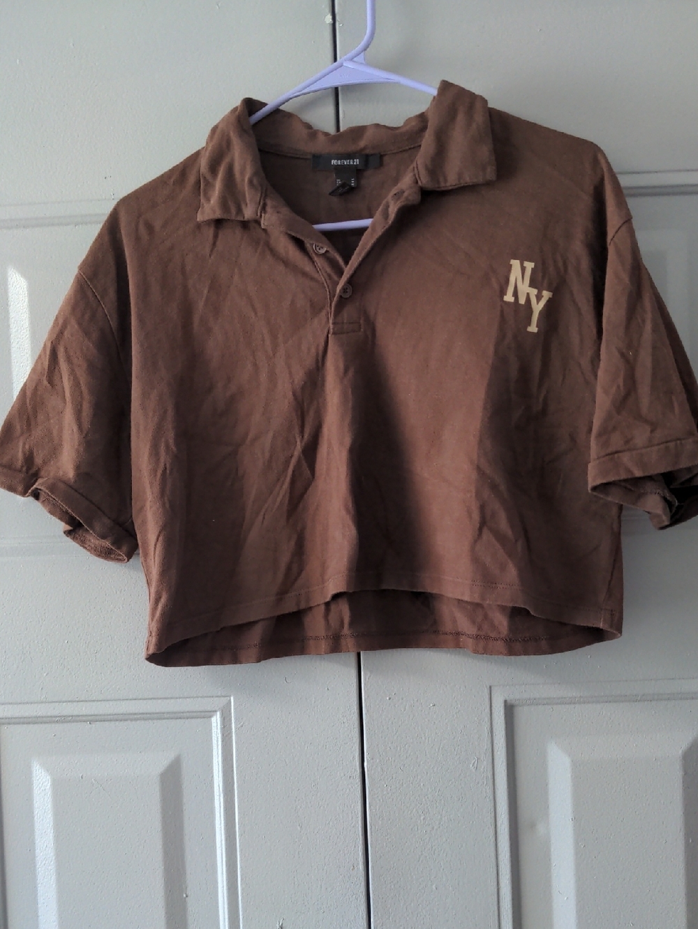 Forever 21 Brown Crop Polo Top with NY Logo